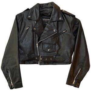 Vintage 90’s Wilson’s Leather Cropped Motorcycle Jacket Black Belted Size Medium